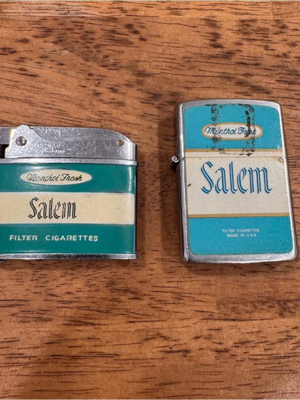 Vintage Salem Cigarette Lighters Set of 2 Teal and Cream Collectible MCM